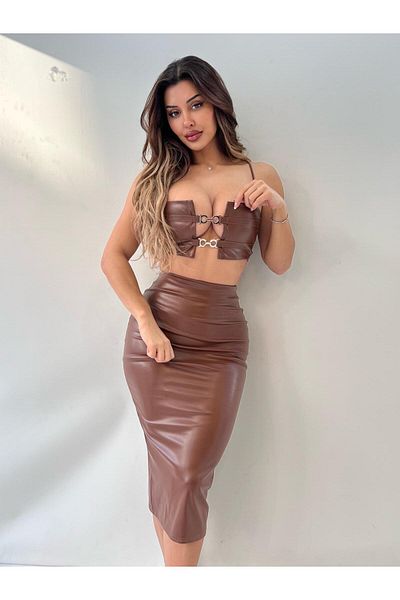 pink life Taba Color Pu Leather Chain Detailed Skirt Two Pieces (Two Pieces)