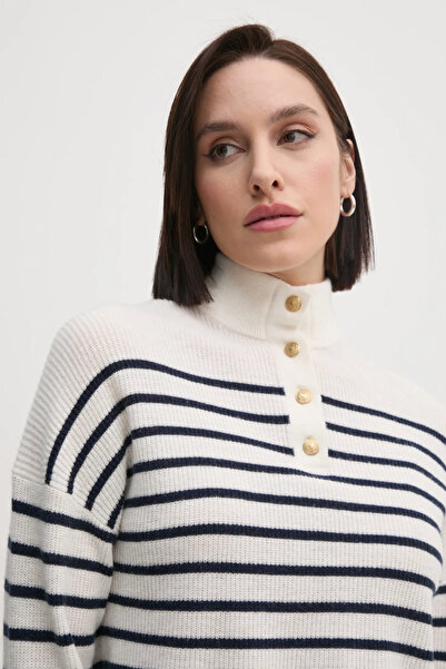 Tommy Hilfiger Kadın Düğme Kapamalı Dik Yaka Regular Fit Çizgili Yün Beyaz Kazak WW0WW44981-0FF