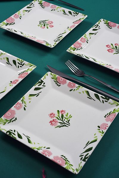 Piatti Naturali Set of 6 Stylish Handmade Spring Patterned Cake Plates - Dessert Presentation Service 20cm