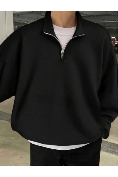 Wish BF Yarım Fermuarlı Siyah Unisex Oversize Sweetshirt