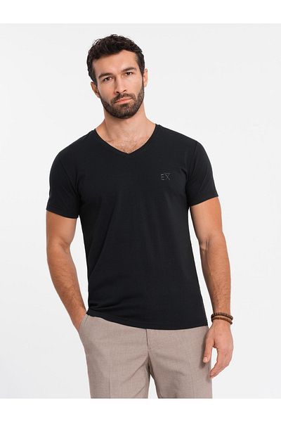 OMBRE Pánské tričko SLIM FIT s výstřihem do V s elastanem a potiskem - černé V1 OM-TSBC-0221 S