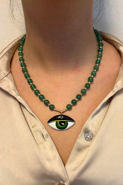 Suerte Accessories Handmade Jade Natural Stone Handcrafted Ceramic Evil Eye Eye Special Design Women Necklace with Evil Eye Ends