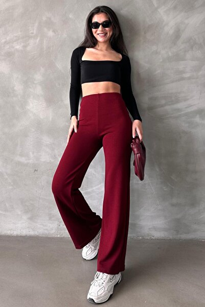 Madmext Bordo Yüksek Bel Düz Model Kadın İspanyol Paça Tayt Pantolon Mg2288