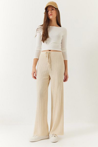 Bianco Lucci Women's Elastic Waist Ribbed Palazzo Trousers 20223118