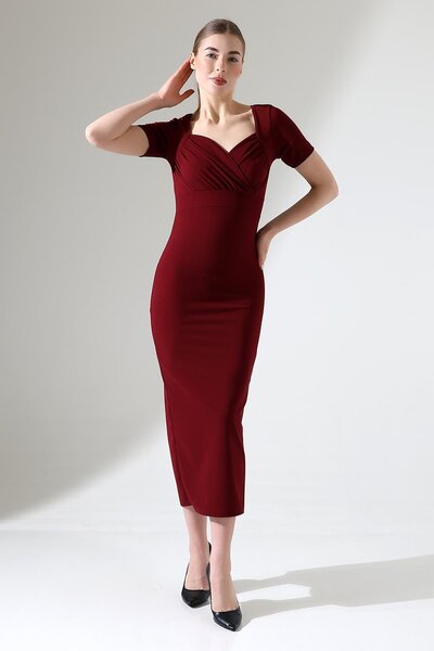 Deafox Rochie midi din țesătură creponată cu mâneci scurte cu rever dublu bordeaux