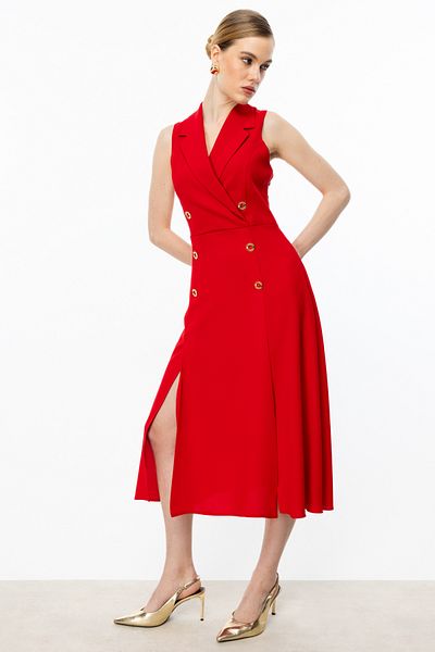 Mi Pret a Porter Mi Mono Collar Knee Slit Buttoned Dress