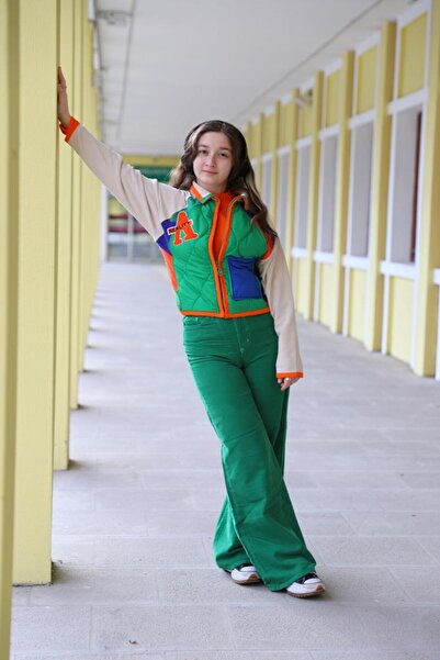 Ugly Duck 09-15 Years Old Girl's Green Color Quilted-Plaid Detailed Jacket