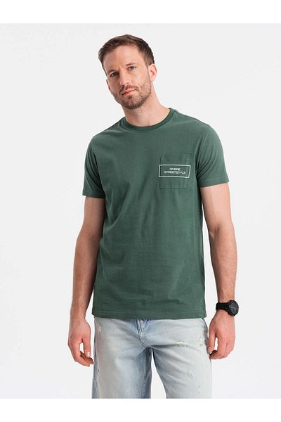 OMBRE Ανδρικό βαμβακερό μπλουζάκι Ombre Streetstyle με στάμπα τσέπης - σκούρο πράσινο V4 OM-TSCT-0108 S