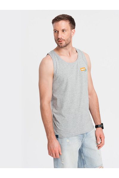 OMBRE Pánské bavlněné tílko s potiskem Summer Vibe - šedá melanž V3 OM-TSTT-0191 S
