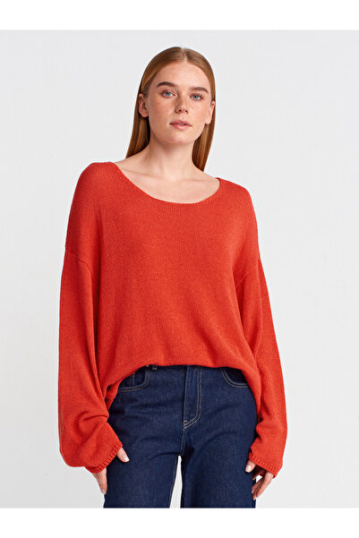 Dilvin 10706 Oval Collar Soft Textured Knitwear Sweater-Red