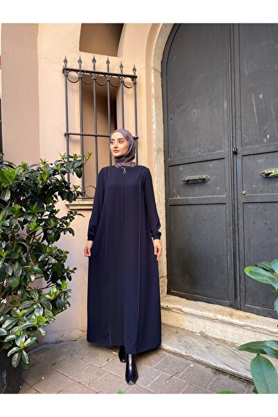 JALİA Navy Blue Piping Detailed Handle Elastic Comfortable Fit Thin Woven Zippered Ferace