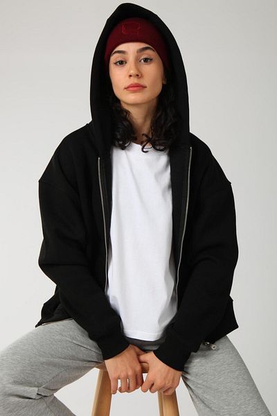 Coredra Basic Women's Oversize Fit Hoodie and Zipper Top