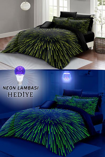 MonoHome Neon Phosphorescent Duvet Cover Set (with Tire Sheets) Double 100% Cotton Satin Galaxy Stars