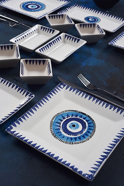 Piatti Naturali 12-Piece 4-Person Evil Eye Breakfast Set Handmade Breakfast Presentation Set Serving Plates