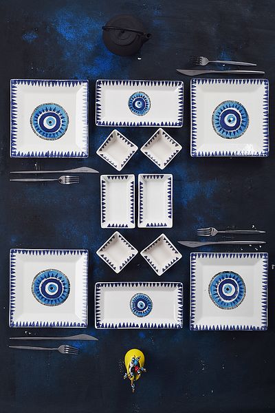 Piatti Naturali 12-Piece 4-Person Evil Eye Breakfast Set Handmade Breakfast Presentation Set Serving Plates