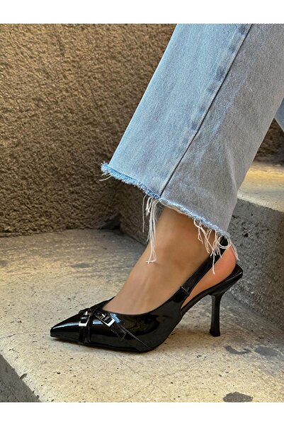 ERVANIN BUTİĞİ Siyah Rugan (Begonia) Kemer Detaylı Kadın Stiletto