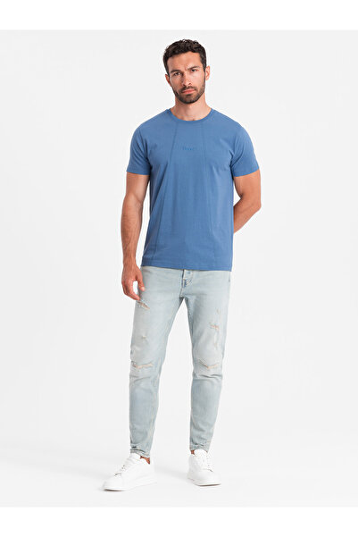 OMBRE Ανδρικό βαμβακερό μπλουζάκι με λεπτό κέντημα - σκούρο μπλε V6 OM-TSCT-0170 XL