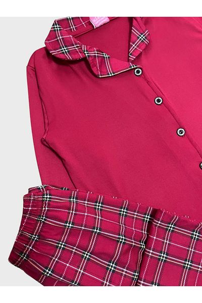 ALİŞ KİDS Girls' Cotton Lux Milan Fabric Red Plaid Print Shirt Collar Button-Down Pajamas Set