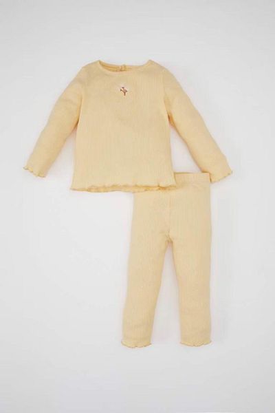 DeFacto Geripptes, langärmliges T-Shirt mit Blumenmuster und elastischem Bund für Babys – Y1122a224au
