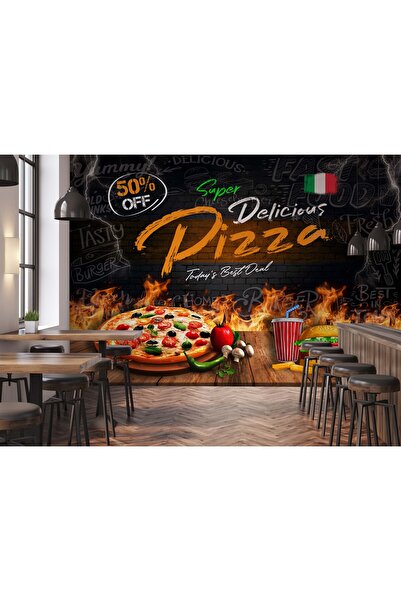 Tasarım Pizza Fast Food Yazı Temalı Ateş Detaylı Cafe Restoran Duvar Kağıdı