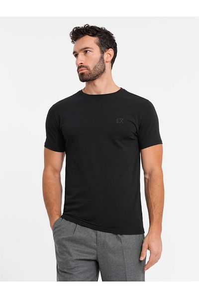 OMBRE Pánské SLIM FIT tričko s elastanem a potiskem - černé V1 OM-TSBC-0222 M