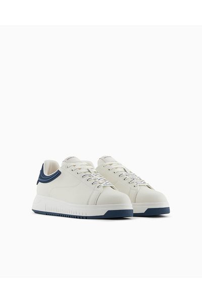 Emporio Armani Men's 100% Leather Brand Logo White-Navy Blue Sneaker X4X264 Xn001-T844