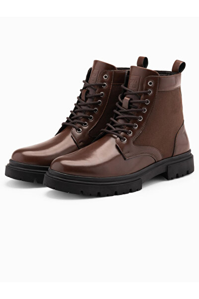 OMBRE Pánské traperské boty s vysokým svrškem z kombinovaných materiálů - tmavě hnědé V2 OM-FOBO-0174 42