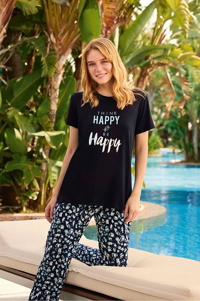 Aydoğan Set de pijamale pentru femei Aydoğan - elastic, cu maneca scurta, imprimeu cu flori, viscoza neagra