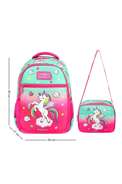 Linea Waddell 3 Compartment Primary School Bag and Lunch Box Unicorn Water Green-Pink 24301