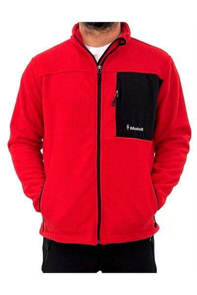 Mudwill Κόκκινο ανδρικό μπουφάν Fleece με φερμουάρ Sherpa
