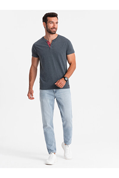 OMBRE Ανδρικό μπλουζάκι με ξεκούμπωτη στρογγυλή λαιμόκοψη henley - navy blue V5 OM-TSCT-0155 M