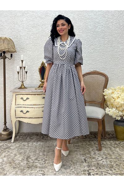 KÜÇÜĞÜM BUTİK Grey Polka Dot White Lace Flared Dress with Collar