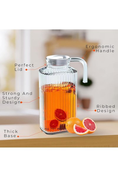 Home Zone 1 قطعة إبريق زجاجي مع غطاء وصنبور إبريق ثلاجة مضلع إبريق ماء زجاجي شفاف سعة 1.8 لتر