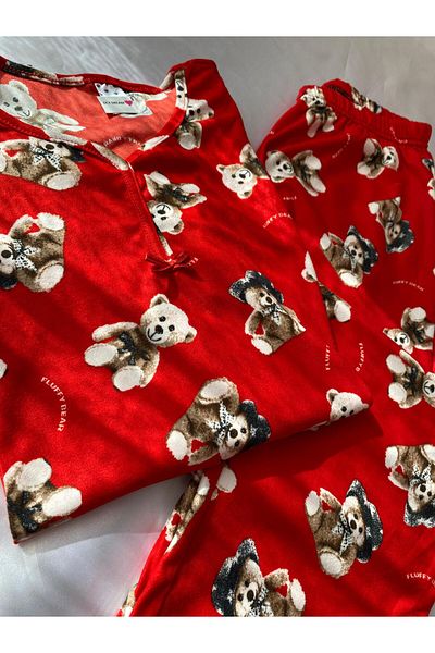 DCY DREAM Soft Red Teddy Bear Long Sleeve Suede Pajama Set