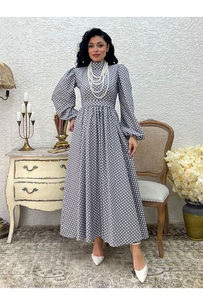 KÜÇÜĞÜM BUTİK Φόρεμα Hijab Γκρι Πουά Μακρύ Φόρεμα
