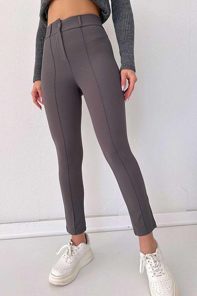 FEVİLLE Women's Gray High Waist Slim-Legged Chestnut Trousers