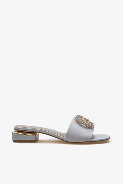 SAYL Silver Satin Stone Buckle Short Heeled Women's Evening Dress Slippers