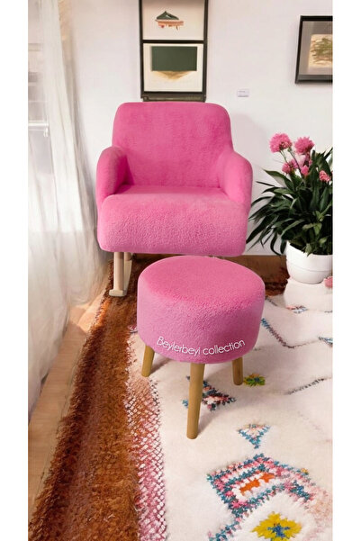 BEYLERBEYİ Sallanan Ahşap Ayaklı , pembe. Rengi Berjer Koltuk - Puf Hediyeli