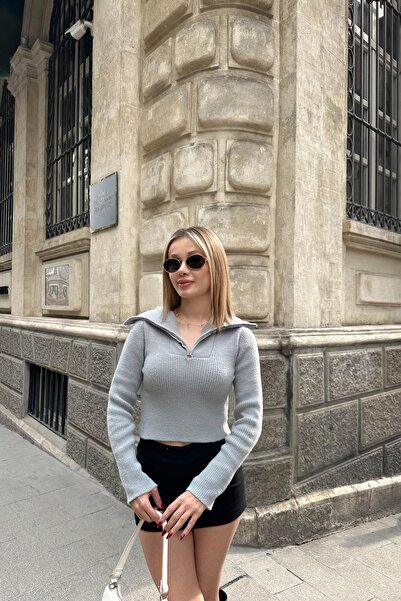 mylove سترة رمادية ناعمة بسحاب مفصل