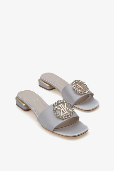 SAYL Silver Satin Stone Buckle Short Heeled Women's Evening Dress Slippers