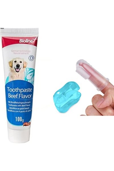 Bioline Biftekli Aromalı Kedi ve Köpek Diş Macunu 100 gr + Parmak Diş Fırçası
