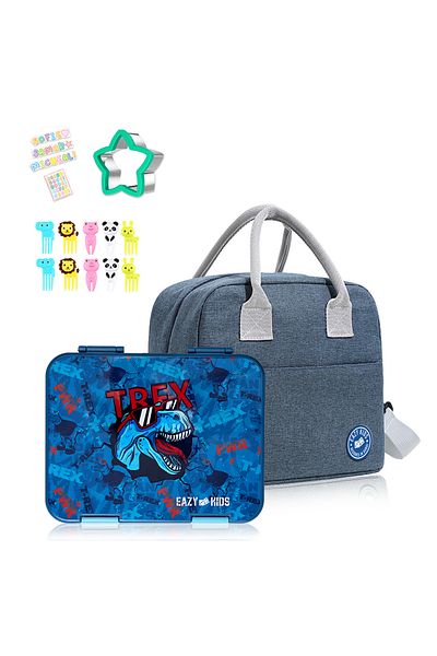 Eazy Kids صندوق غداء بينتو قابل للتحويل بسعة 6 و4 قطع مع حقيبة غداء وقاطعة ساندويتش - أزرق من تريكس