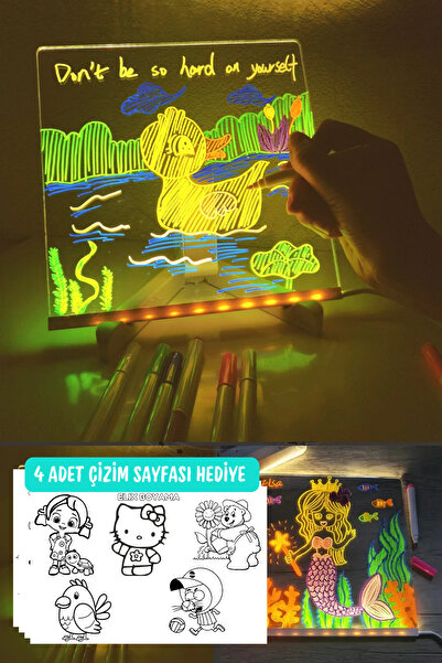 HODAF 20x30 Led Işıklı Yazı Çizim Tahtası, Sihirli çizim tahtası 7 keçeli kal...