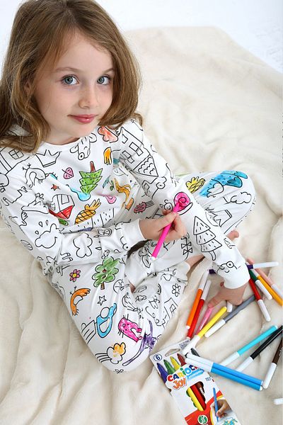 Monila Unisex Children's Cotton Paintable Pajamas Set with Pencil Gift