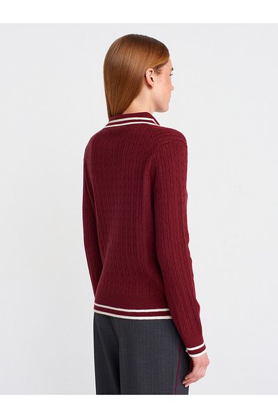 Dilvin 10707 Polo Neck Striped Soft Textured Buttoned Knitwear Sweater-Claret Red-Ecru