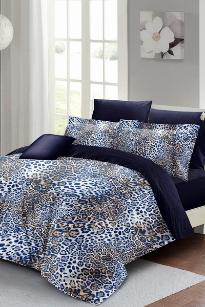 MonoHome طقم غطاء لحاف ثلاثي الأبعاد من الساتان القطني - زوجين باللون الأزرق الفهد