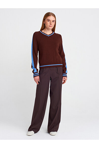 Dilvin 10725 Model V-Neck Striped Knitwear Sweater - Brown