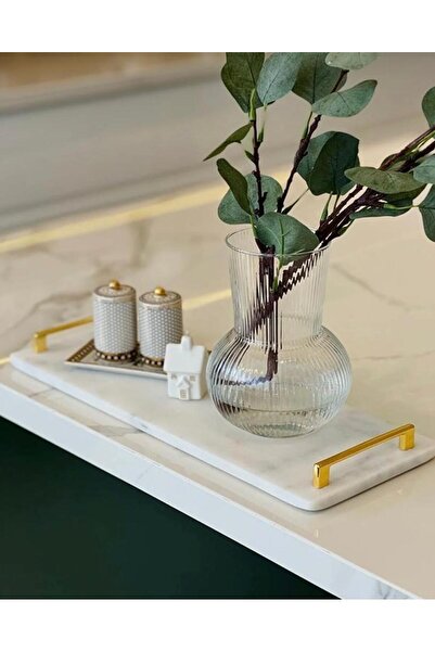 FARALYAHOME Mermer 40x15 Cm Söz Nişan Sunum Tepsisi Beyaz-fergo Gold