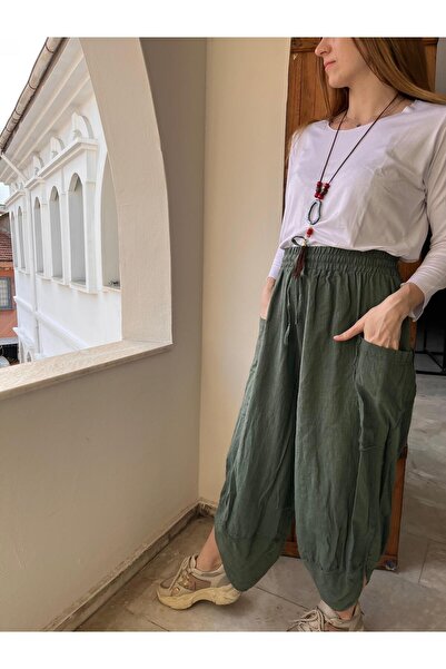 AGORATEKSTİL Γυναικείο λινό παντελόνι V ποδιών - 100% βαμβάκι, λαστιχένια μέση