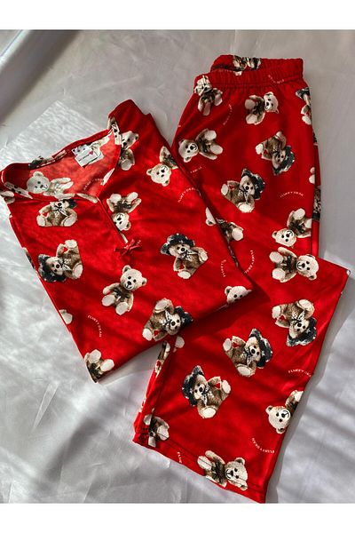 DCY DREAM Soft Red Teddy Bear Long Sleeve Suede Pajama Set